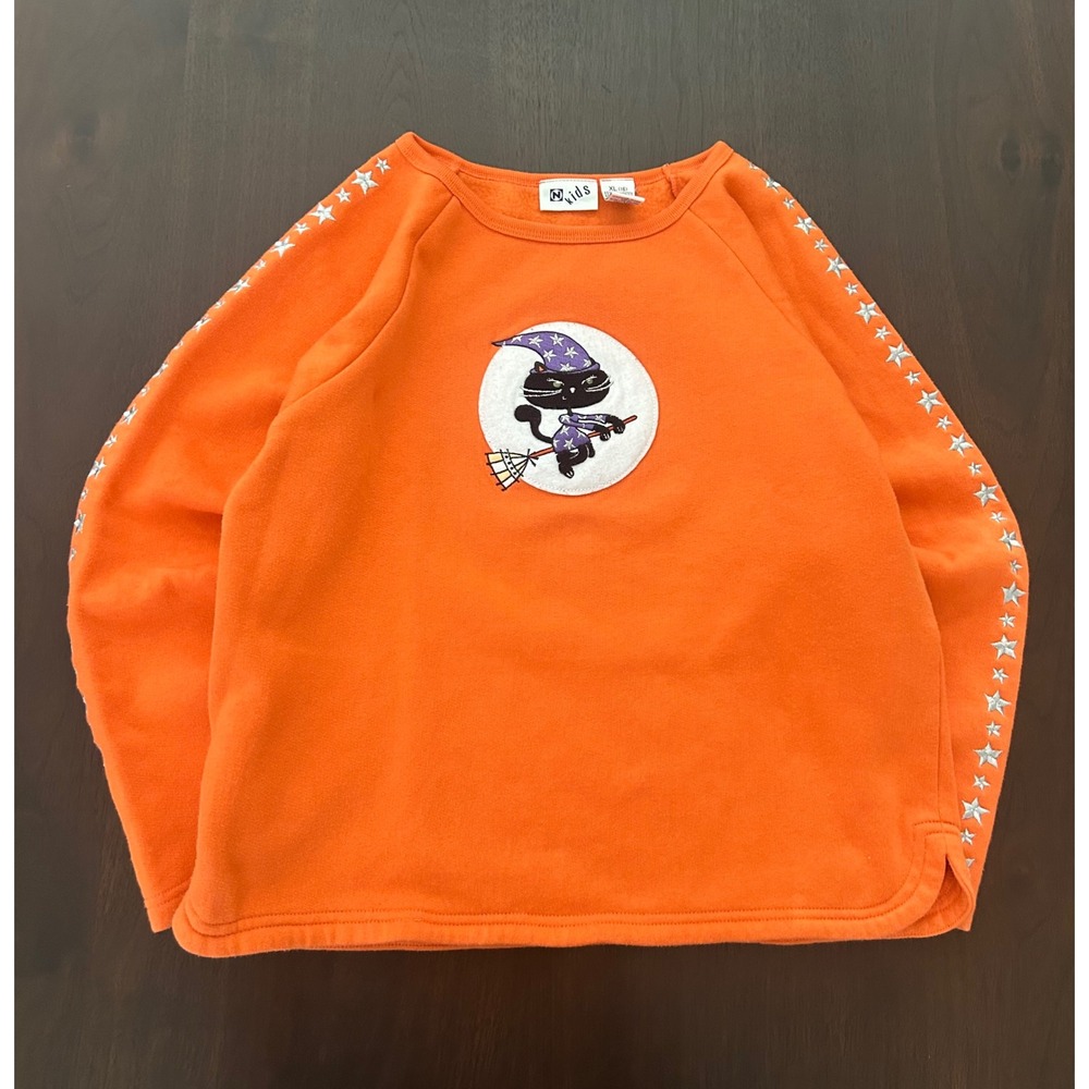 Z Kids Halloween Sweatshirt Orange Black Cat Witch Star Sleeves Girls XL 16